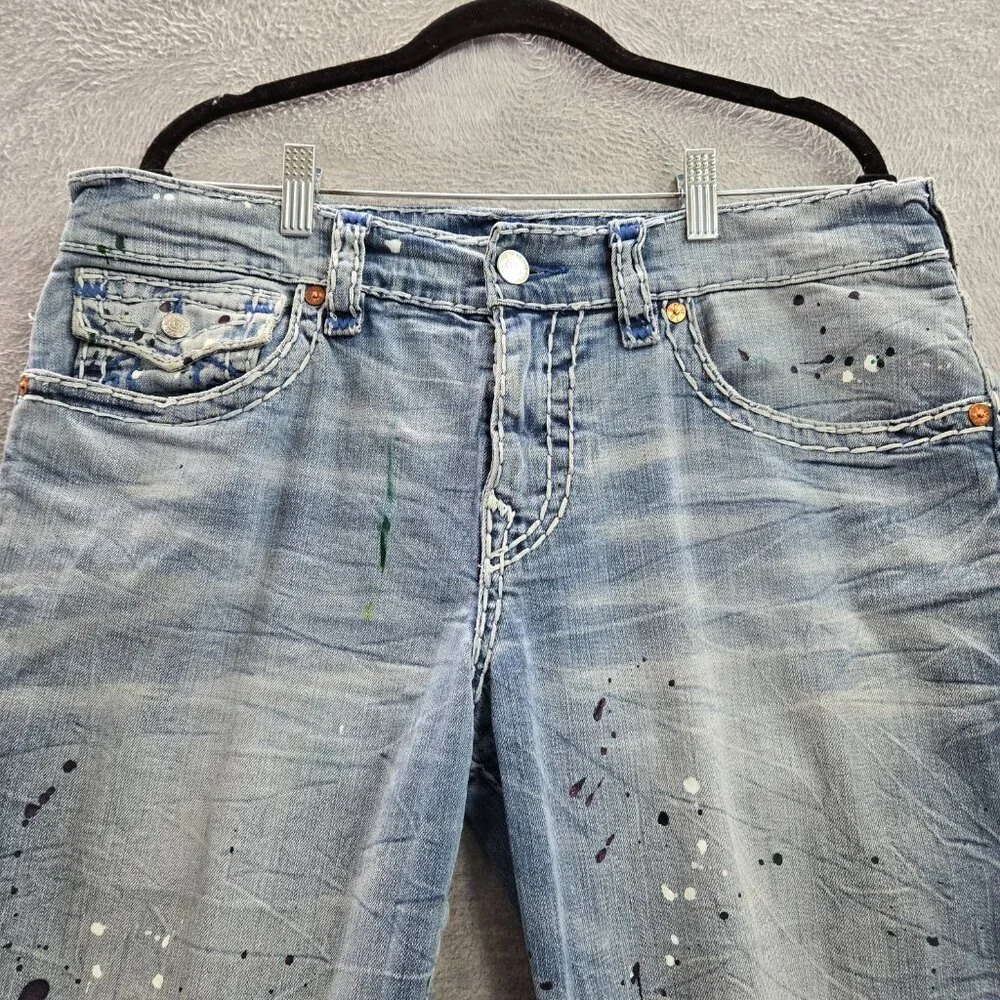 True Religion Men Jeans 30 Blue Denim‎ Paint Splatter RICKI Relaxed Straight